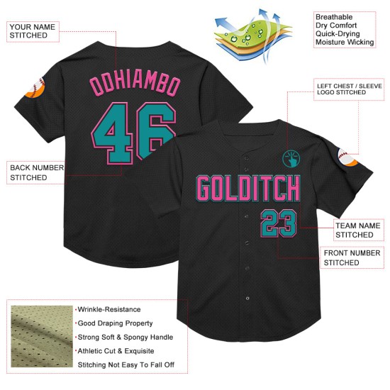Maillot de baseball en maille authentique et personnalisé, bleu sarcelle, rose et noir Maillot de baseball en maille authentique et personnalisé, bleu sarcelle, rose et noir