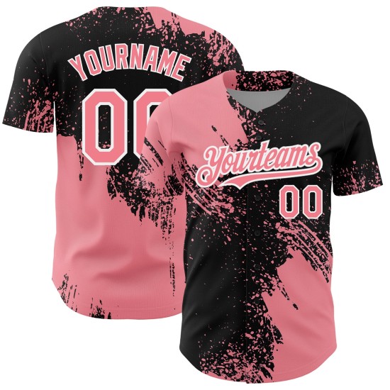 Motif de baseball rose au pinceau, maillot 3D noir et blanc authentique, personnalisé, trait abstrait moyen Motif de baseball rose au pinceau, maillot 3D noir et blanc authentique, personnalisé, trait abstrait moyen