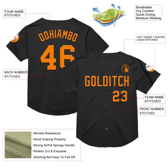 Maillot de baseball personnalisé authentique en maille orange rétro Bay Baseball noir Maillot de baseball personnalisé authentique en maille orange rétro Bay Baseball noir