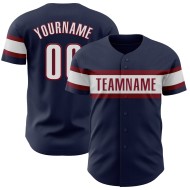 Maillot de baseball bleu marine authentique, personnalisé, blanc et cramoisi