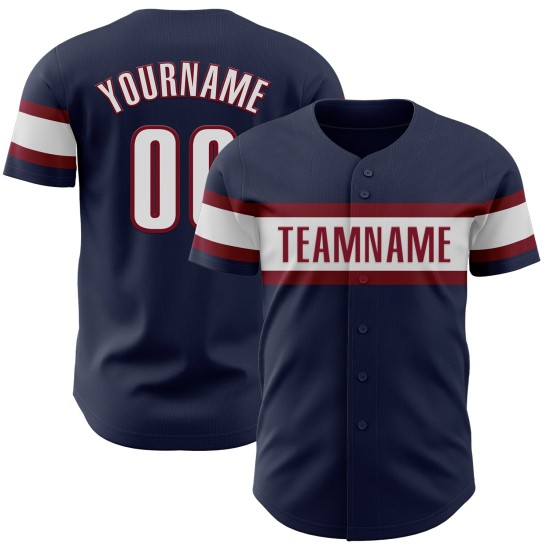 Maillot de baseball bleu marine authentique, personnalisé, blanc et cramoisi Maillot de baseball bleu marine authentique, personnalisé, blanc et cramoisi