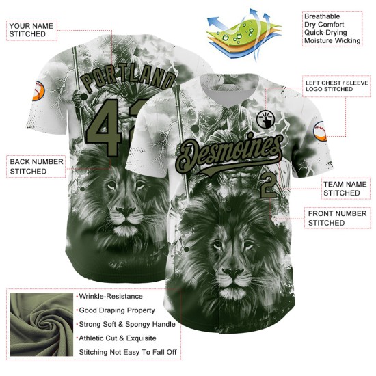 Maillot de baseball 3D motif animal lion blanc personnalisé authentique olive-noir Maillot de baseball 3D motif animal lion blanc personnalisé authentique olive-noir