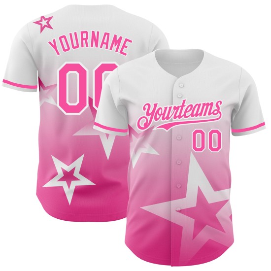 Maillot de baseball personnalisé à motif étoile, style authentique, rose scintillant, dégradé 3D, blanc Maillot de baseball personnalisé à motif étoile, style authentique, rose scintillant, dégradé 3D, blanc