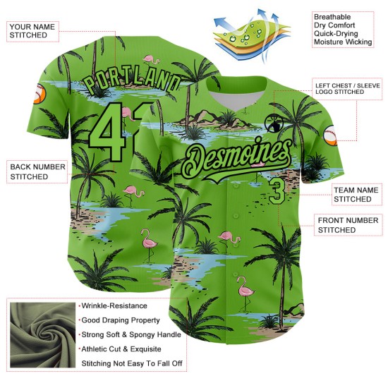 Maillot de baseball 3D motif tropical authentique avec arbres verts et néon, palmiers hawaïens noirs Maillot de baseball 3D motif tropical authentique avec arbres verts et néon, palmiers hawaïens noirs
