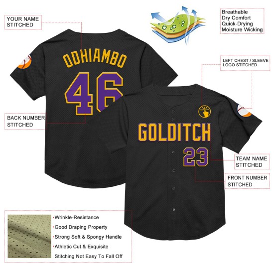 Maillot de baseball authentique personnalisé en maille violet-or, noir Maillot de baseball authentique personnalisé en maille violet-or, noir
