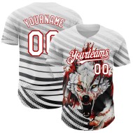 Maillot de baseball authentique à motif animalier 3D blanc personnalisé avec loup rouge