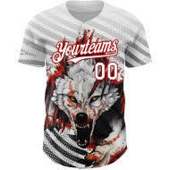 Maillot de baseball authentique à motif animalier 3D blanc personnalisé avec loup rouge Maillot de baseball authentique à motif animalier 3D blanc personnalisé avec loup rouge