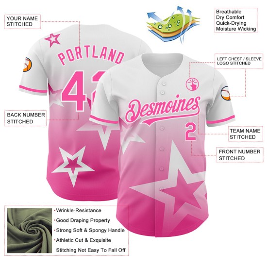 Maillot de baseball personnalisé à motif étoile, style authentique, rose scintillant, dégradé 3D, blanc Maillot de baseball personnalisé à motif étoile, style authentique, rose scintillant, dégradé 3D, blanc