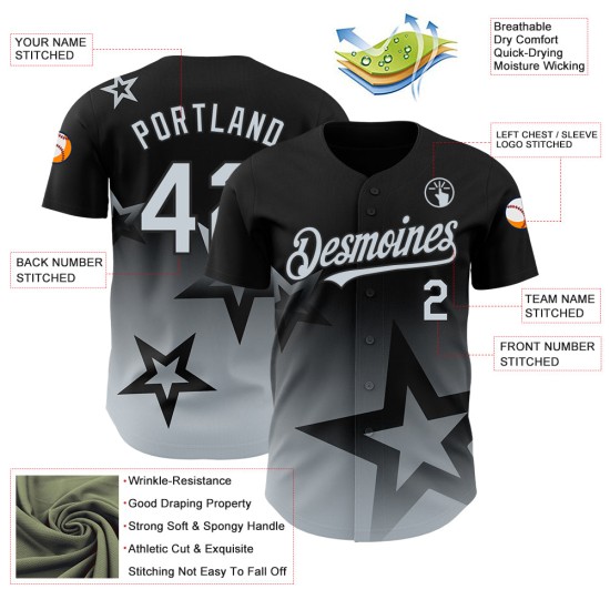 Maillot de baseball personnalisé Star Twinkle 3D, motif dégradé, noir, argent Maillot de baseball personnalisé Star Twinkle 3D, motif dégradé, noir, argent