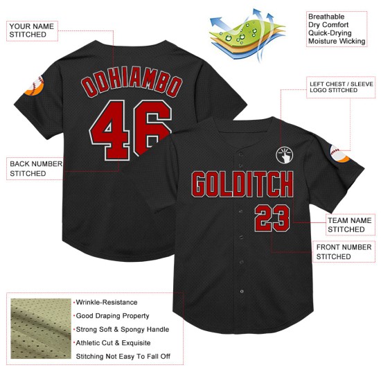 Maillot de baseball authentique en maille rouge et blanc, noir, personnalisé Maillot de baseball authentique en maille rouge et blanc, noir, personnalisé