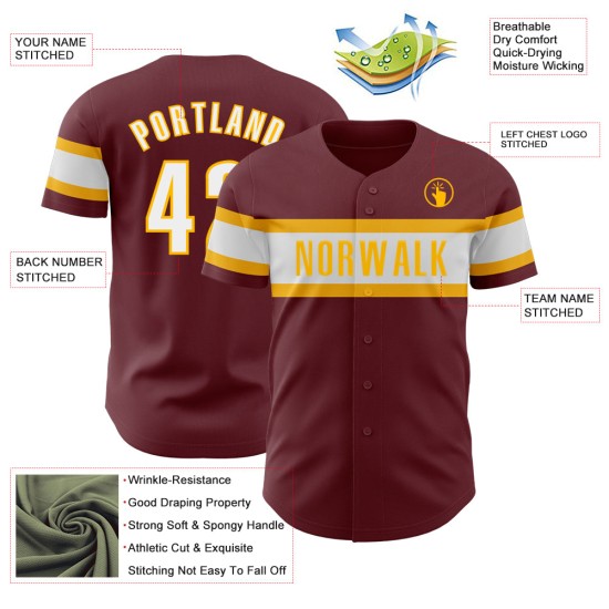 Maillot de baseball bordeaux blanc-or authentique personnalisé Maillot de baseball bordeaux blanc-or authentique personnalisé