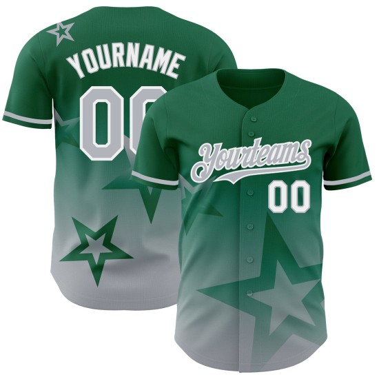 Maillot à motif étoile 3D personnalisé, style authentique Kelly, dégradé de baseball, vert scintillant, gris-blanc Maillot à motif étoile 3D personnalisé, style authentique Kelly, dégradé de baseball, vert scintillant, gris-blanc