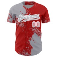 Maillot de baseball abstrait motif authentique personnalisé 3D rouge-blanc gris Maillot de baseball abstrait motif authentique personnalisé 3D rouge-blanc gris