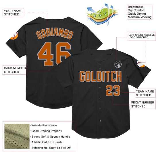 Maillot de baseball authentique Texas Orange-Gris, noir, personnalisé, rétro, en maille Maillot de baseball authentique Texas Orange-Gris, noir, personnalisé, rétro, en maille