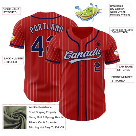 Maillot de baseball gris authentique à rayures bleu marine, rouge, personnalisé Maillot de baseball gris authentique à rayures bleu marine, rouge, personnalisé