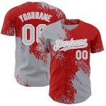 Maillot de baseball abstrait motif authentique personnalisé 3D rouge-blanc gris Maillot de baseball abstrait motif authentique personnalisé 3D rouge-blanc gris