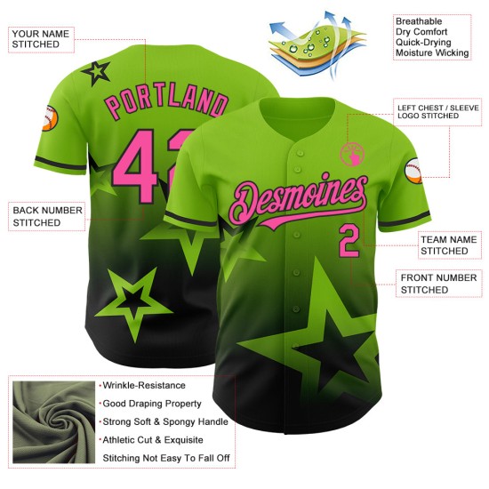 Maillot de baseball 3D rose-noir scintillant vert fluo, motif étoile, dégradé personnalisé Maillot de baseball 3D rose-noir scintillant vert fluo, motif étoile, dégradé personnalisé