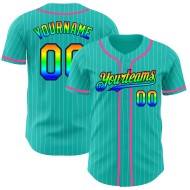 Maillot de baseball 3D blanc à rayures bleu marine et rose, authentique et personnalisé, arc-en-ciel