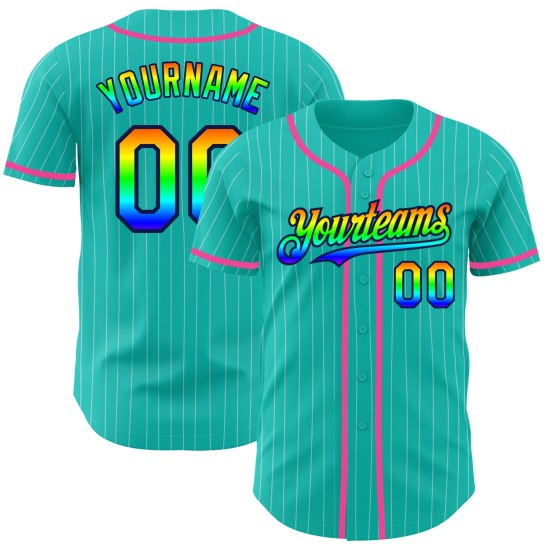 Maillot de baseball 3D blanc à rayures bleu marine et rose, authentique et personnalisé, arc-en-ciel Maillot de baseball 3D blanc à rayures bleu marine et rose, authentique et personnalisé, arc-en-ciel