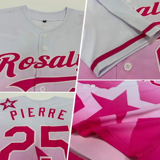 Maillot de baseball personnalisé à motif étoile, style authentique, rose scintillant, dégradé 3D, blanc Maillot de baseball personnalisé à motif étoile, style authentique, rose scintillant, dégradé 3D, blanc