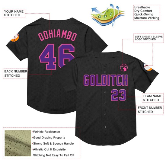 Maillot de baseball violet-rose personnalisé, authentique, en maille noire Maillot de baseball violet-rose personnalisé, authentique, en maille noire