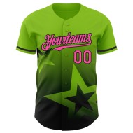 Maillot de baseball 3D rose-noir scintillant vert fluo, motif étoile, dégradé personnalisé Maillot de baseball 3D rose-noir scintillant vert fluo, motif étoile, dégradé personnalisé