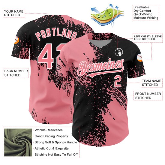 Motif de baseball rose au pinceau, maillot 3D noir et blanc authentique, personnalisé, trait abstrait moyen Motif de baseball rose au pinceau, maillot 3D noir et blanc authentique, personnalisé, trait abstrait moyen