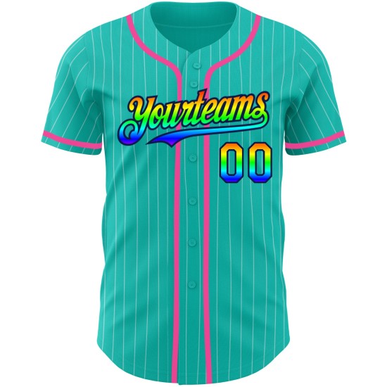 Maillot de baseball 3D blanc à rayures bleu marine et rose, authentique et personnalisé, arc-en-ciel Maillot de baseball 3D blanc à rayures bleu marine et rose, authentique et personnalisé, arc-en-ciel