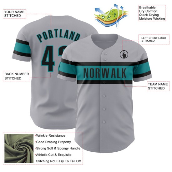 Maillot de baseball noir et gris sarcelle authentique personnalisé Maillot de baseball noir et gris sarcelle authentique personnalisé