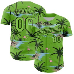 Maillot de baseball 3D motif tropical authentique avec arbres verts et néon, palmiers hawaïens noirs