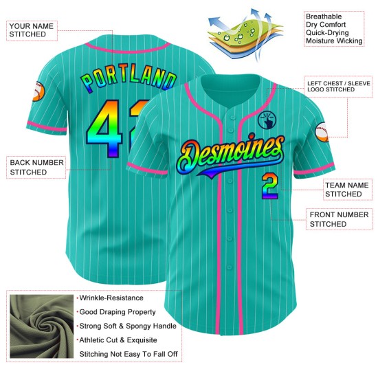 Maillot de baseball 3D blanc à rayures bleu marine et rose, authentique et personnalisé, arc-en-ciel Maillot de baseball 3D blanc à rayures bleu marine et rose, authentique et personnalisé, arc-en-ciel
