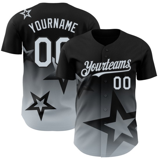 Maillot de baseball personnalisé Star Twinkle 3D, motif dégradé, noir, argent Maillot de baseball personnalisé Star Twinkle 3D, motif dégradé, noir, argent
