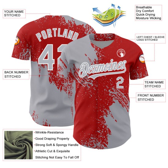 Maillot de baseball abstrait motif authentique personnalisé 3D rouge-blanc gris Maillot de baseball abstrait motif authentique personnalisé 3D rouge-blanc gris