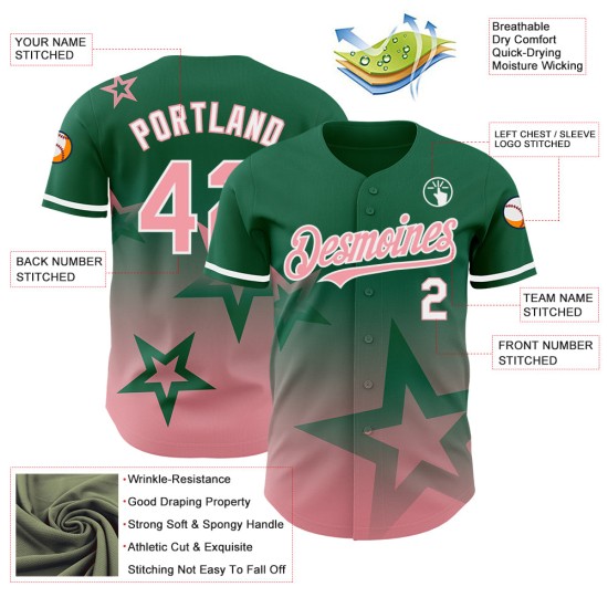 Maillot de baseball Twinkle authentique, design personnalisé, dégradé vert 3D Kelly, rose et blanc, motif étoile moyen Maillot de baseball Twinkle authentique, design personnalisé, dégradé vert 3D Kelly, rose et blanc, motif étoile moyen