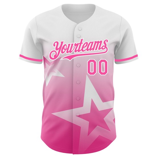 Maillot de baseball personnalisé à motif étoile, style authentique, rose scintillant, dégradé 3D, blanc Maillot de baseball personnalisé à motif étoile, style authentique, rose scintillant, dégradé 3D, blanc