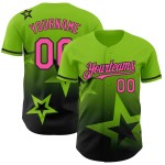 Maillot de baseball 3D rose-noir scintillant vert fluo, motif étoile, dégradé personnalisé Maillot de baseball 3D rose-noir scintillant vert fluo, motif étoile, dégradé personnalisé