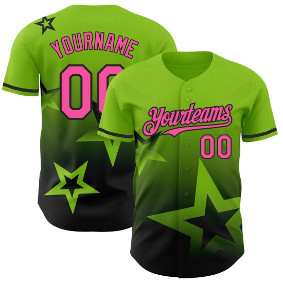 Maillot de baseball 3D rose-noir scintillant vert fluo, motif étoile, dégradé personnalisé Maillot de baseball 3D rose-noir scintillant vert fluo, motif étoile, dégradé personnalisé