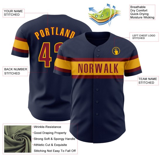 Maillot de baseball authentique personnalisé cramoisi-or bleu marine Maillot de baseball authentique personnalisé cramoisi-or bleu marine