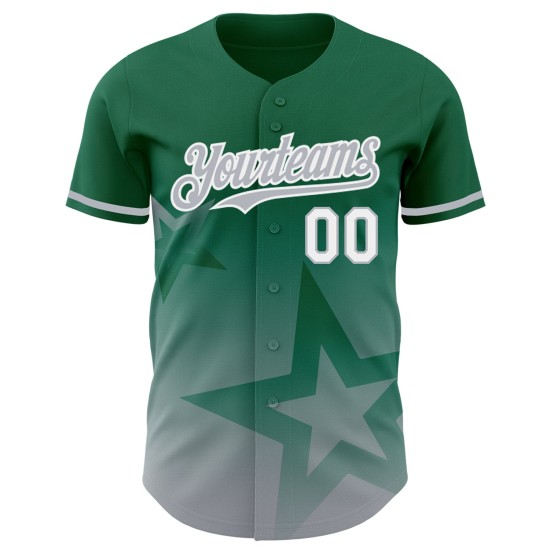 Maillot à motif étoile 3D personnalisé, style authentique Kelly, dégradé de baseball, vert scintillant, gris-blanc Maillot à motif étoile 3D personnalisé, style authentique Kelly, dégradé de baseball, vert scintillant, gris-blanc