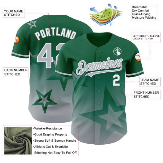 Maillot à motif étoile 3D personnalisé, style authentique Kelly, dégradé de baseball, vert scintillant, gris-blanc Maillot à motif étoile 3D personnalisé, style authentique Kelly, dégradé de baseball, vert scintillant, gris-blanc
