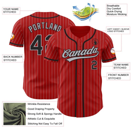 Maillot de baseball authentique à rayures grises et rouges, noir Maillot de baseball authentique à rayures grises et rouges, noir