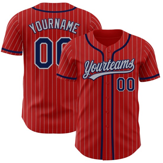 Maillot de baseball gris authentique à rayures bleu marine, rouge, personnalisé Maillot de baseball gris authentique à rayures bleu marine, rouge, personnalisé