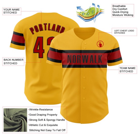 Maillot de baseball personnalisé rouge-noir authentique doré Maillot de baseball personnalisé rouge-noir authentique doré