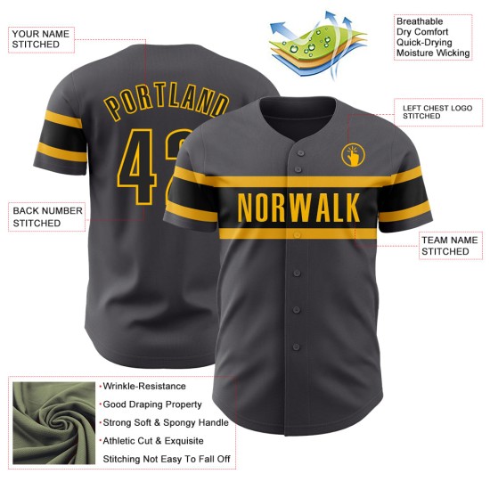 Maillot de baseball gris personnalisé noir-or acier authentique Maillot de baseball gris personnalisé noir-or acier authentique