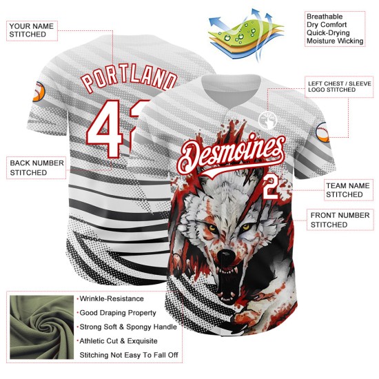 Maillot de baseball authentique à motif animalier 3D blanc personnalisé avec loup rouge Maillot de baseball authentique à motif animalier 3D blanc personnalisé avec loup rouge