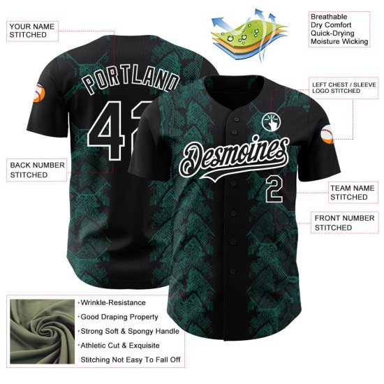 Maillot de baseball personnalisé 3D motif animal authentique, vert et blanc, motif serpent, noir minuit Maillot de baseball personnalisé 3D motif animal authentique, vert et blanc, motif serpent, noir minuit