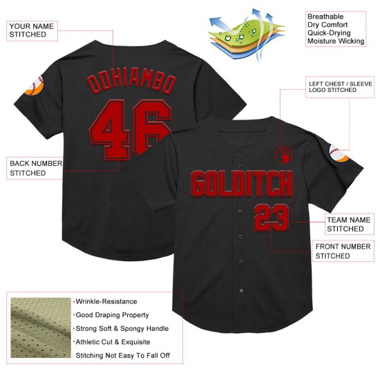 Maillot de baseball authentique en maille noire rétro personnalisé rouge Maillot de baseball authentique en maille noire rétro personnalisé rouge
