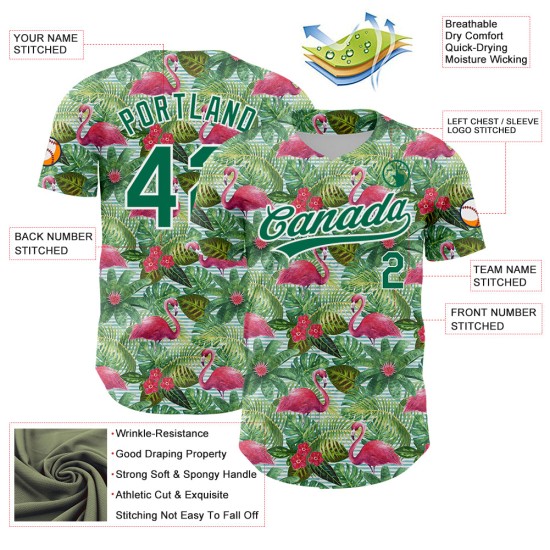 Motif Flamingo Kelly Blanc et Design Hawaii Baseball Feuilles Vertes Authentique Jersey Palm Animal Personnalisé 3D Motif Flamingo Kelly Blanc et Design Hawaii Baseball Feuilles Vertes Authentique Jersey Palm Animal Personnalisé 3D